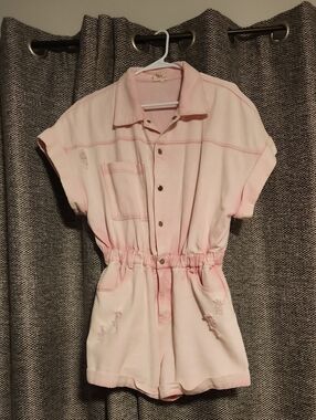 Women's Pink Denium Short-Sleeve Romper - Casual Elastic Waist